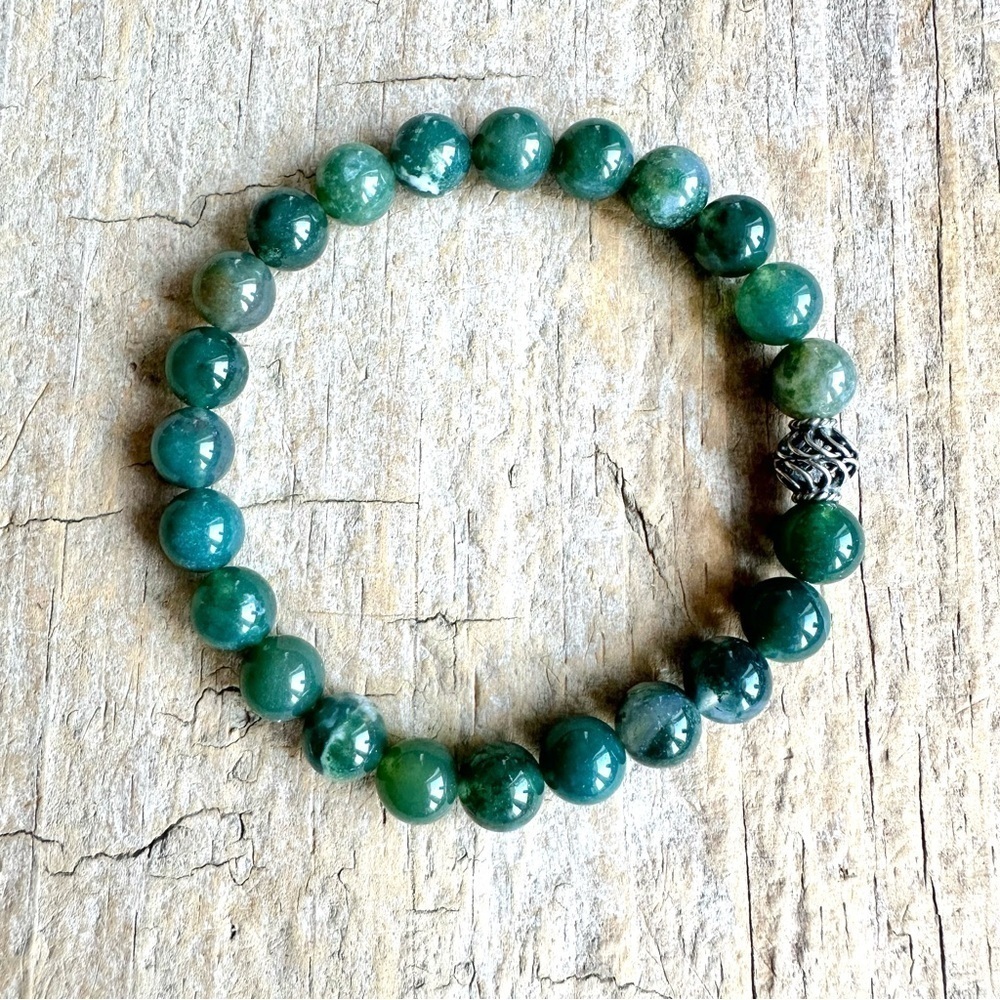 Forest Green Moss Agate Gemstone Bracelet Sterling Silver Accent Bead Unisex 8mm - Picture 4 of 4
